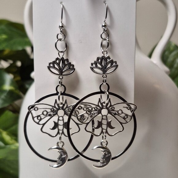 Lotus Lunar Butterly Silver Boho Earrings - Handmade - Picture 1 of 4